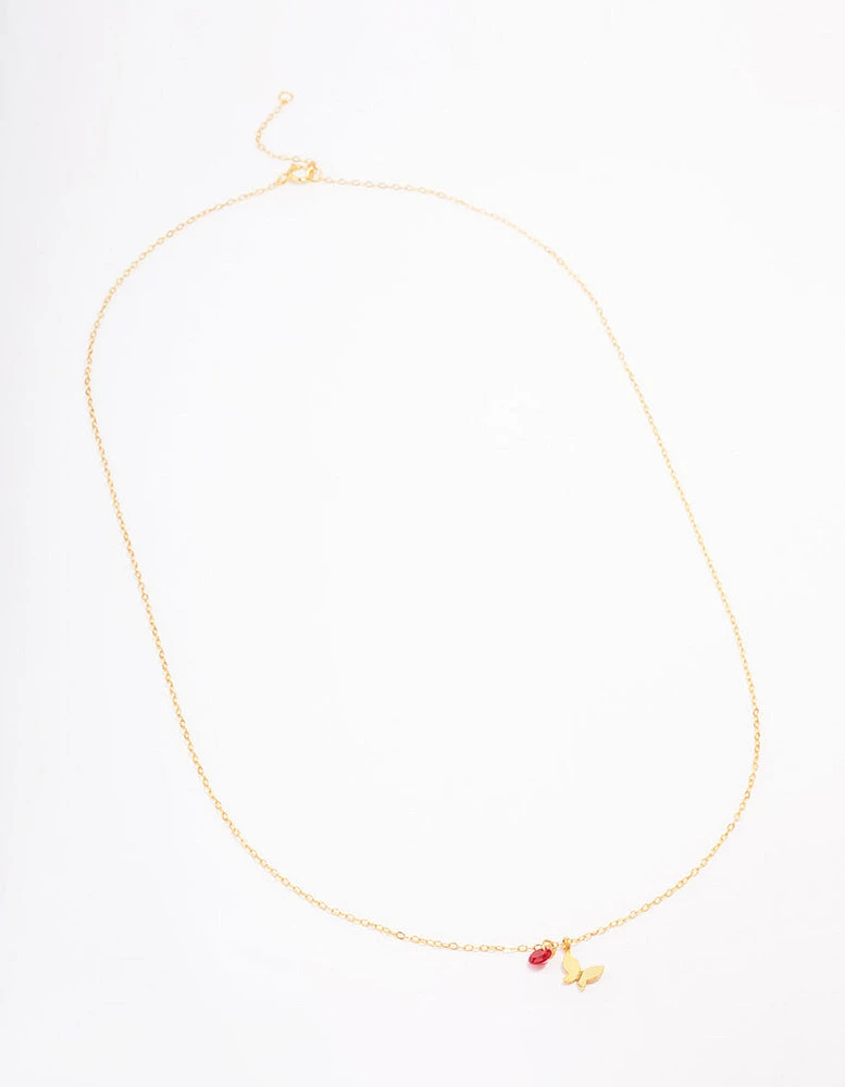 Gold Plated Sterling Silver Red Stone Butterfly Pendant Necklace