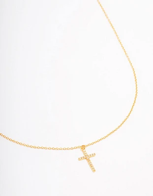 Gold Plated Sterling Silver Pave Cross Pendant Necklace