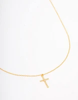 Gold Plated Sterling Silver Pave Cross Pendant Necklace