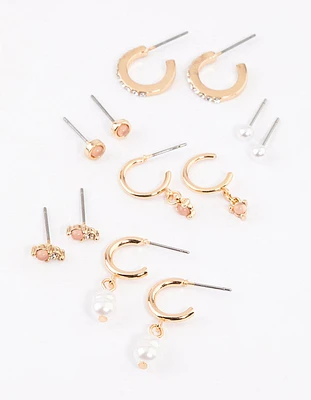 Gold Blush Diamante Pearl Earrings 6-Pack