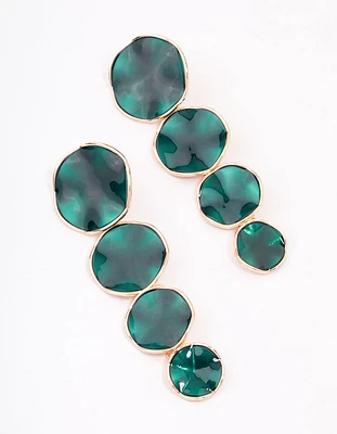 Gold Multi-Disc Green Drop Earrings