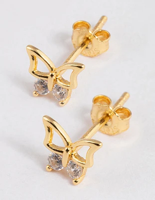 Gold Plated Sterling Silver Diamante Butterfly Stud Earrings