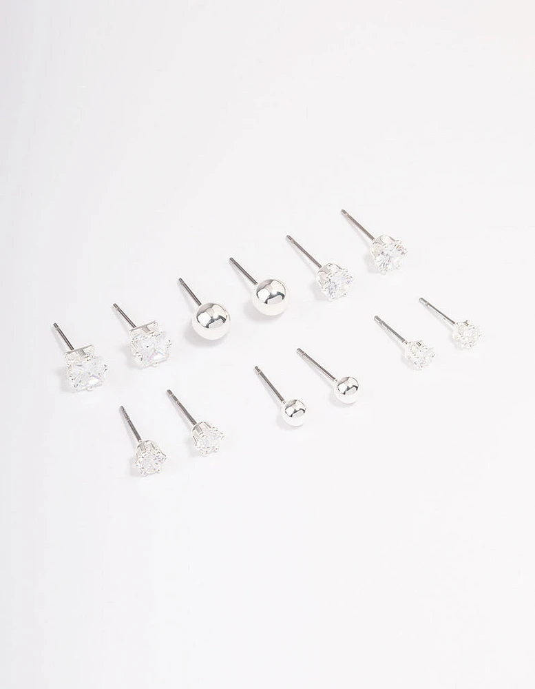 Silver Plated Cubic Zirconia & Ball Stud Earring 6-Pack