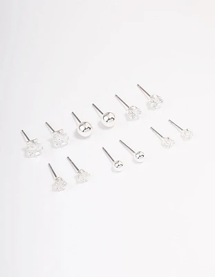 Silver Plated Cubic Zirconia & Ball Stud Earring 6-Pack