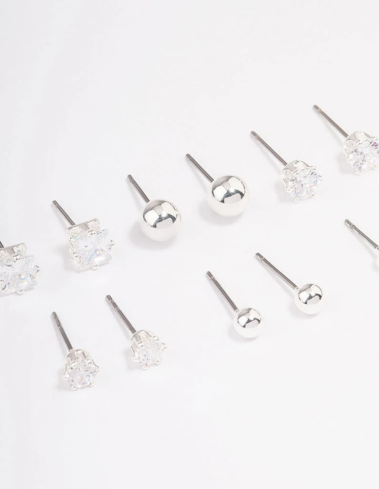 Silver Plated Cubic Zirconia & Ball Stud Earring 6-Pack