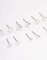 Silver Plated Cubic Zirconia & Ball Stud Earring 6-Pack