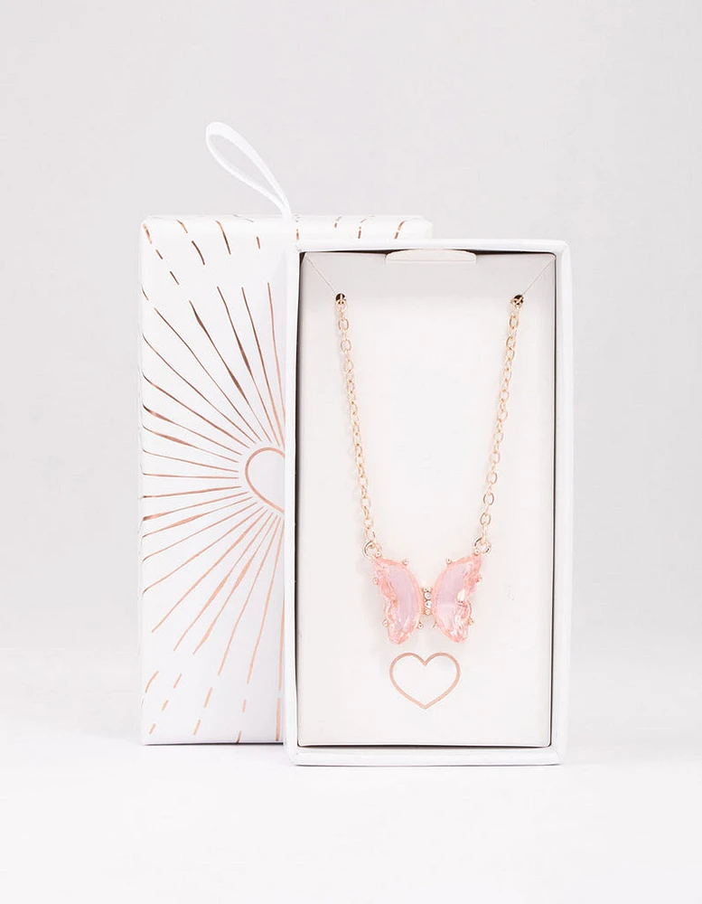 Rose Gold Pink Butterfly Pendant Necklace