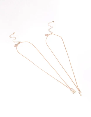 Rose Gold Diamante Lock & Key Necklace Pack