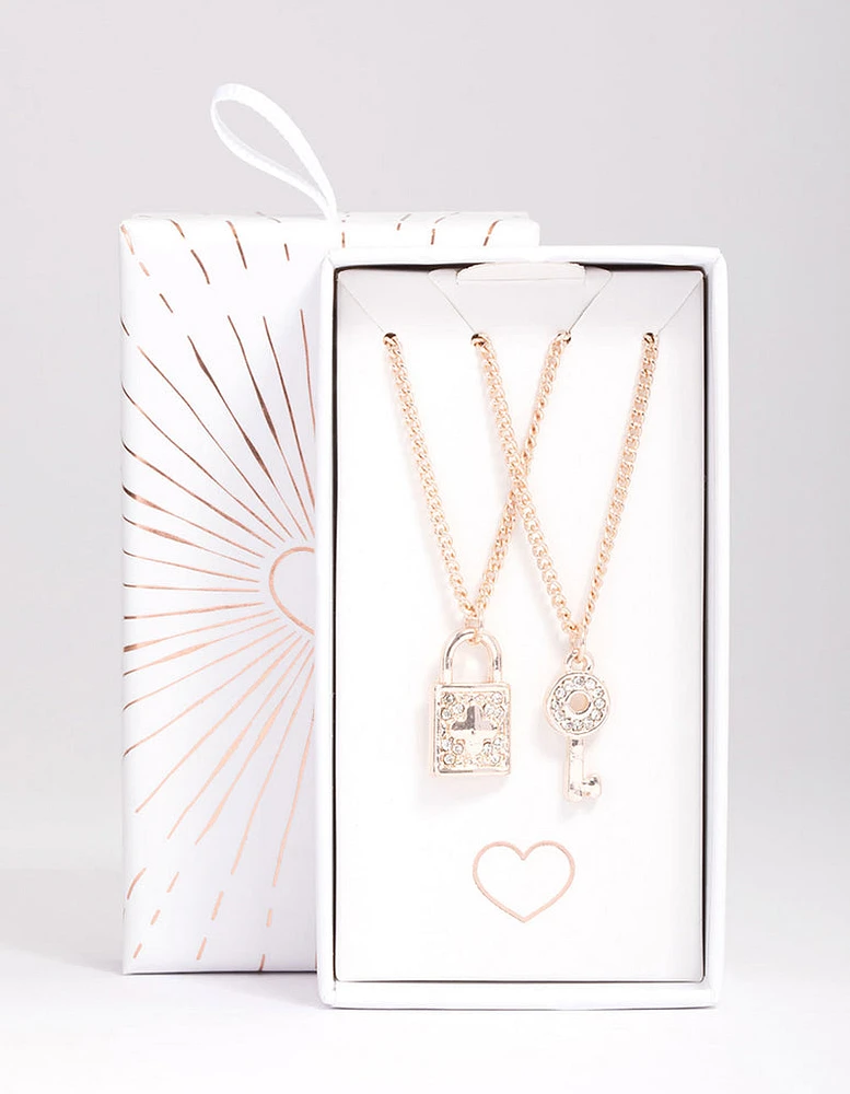 Rose Gold Diamante Lock & Key Necklace Pack