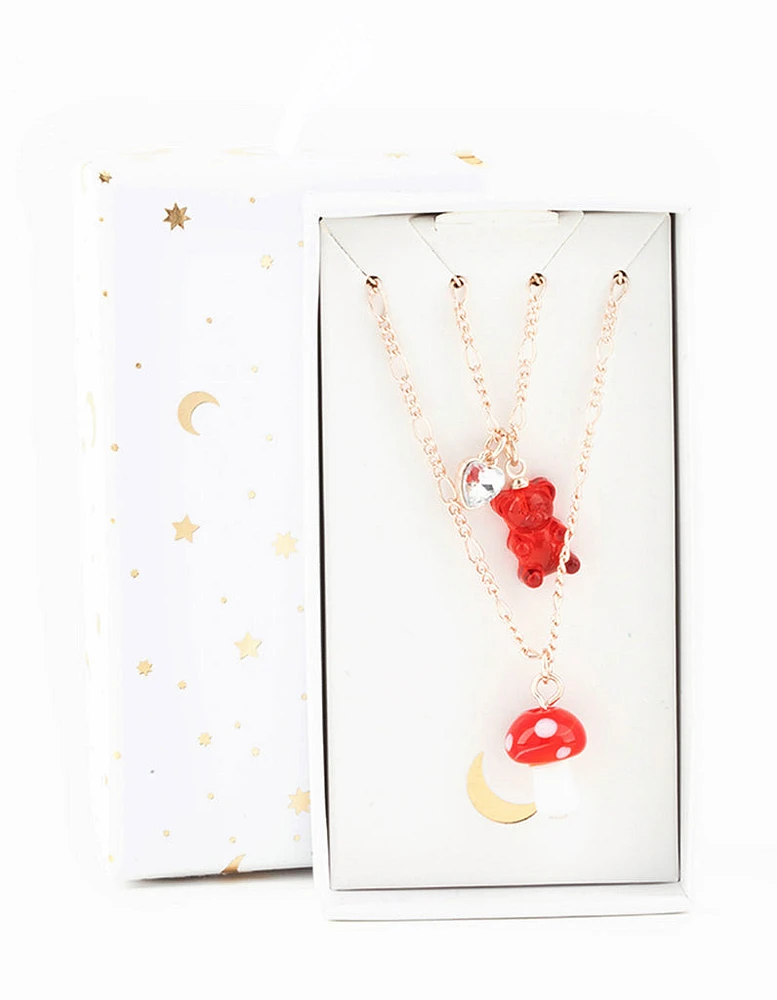 Rose Gold Teddy & Mushroom Necklace Pack