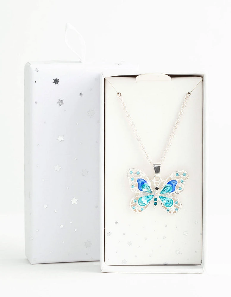 Silver Statement Diamante Butterfly Necklace