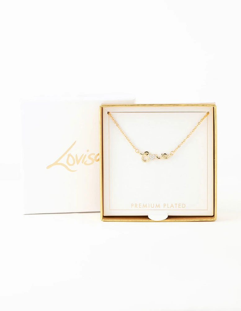 Gold Plated Cubic Zirconia Love Script Necklace