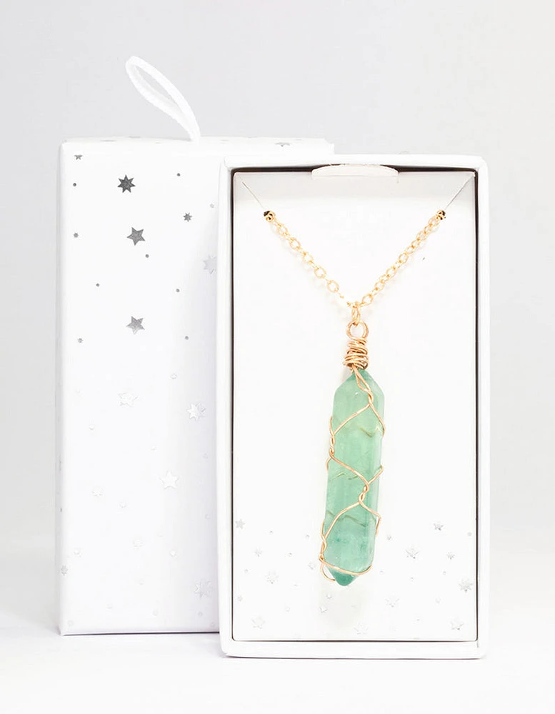 Gold Green Fluorite Wire Pendant Necklace