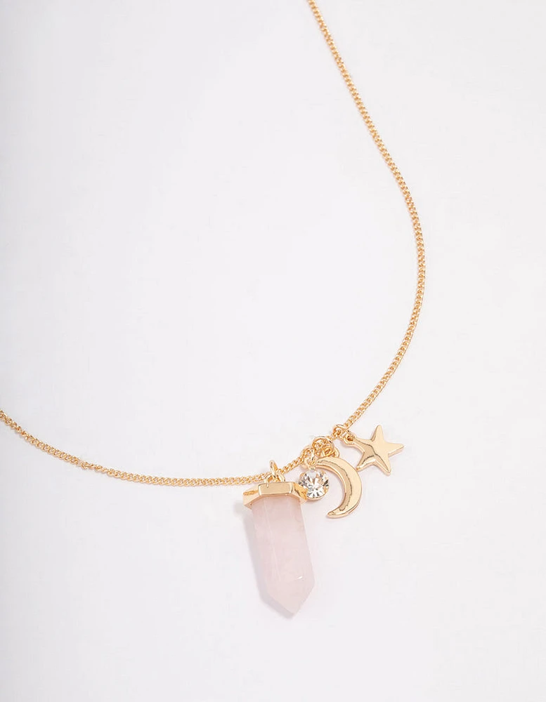 Gold Rose Quartz Celestial Charm Necklace