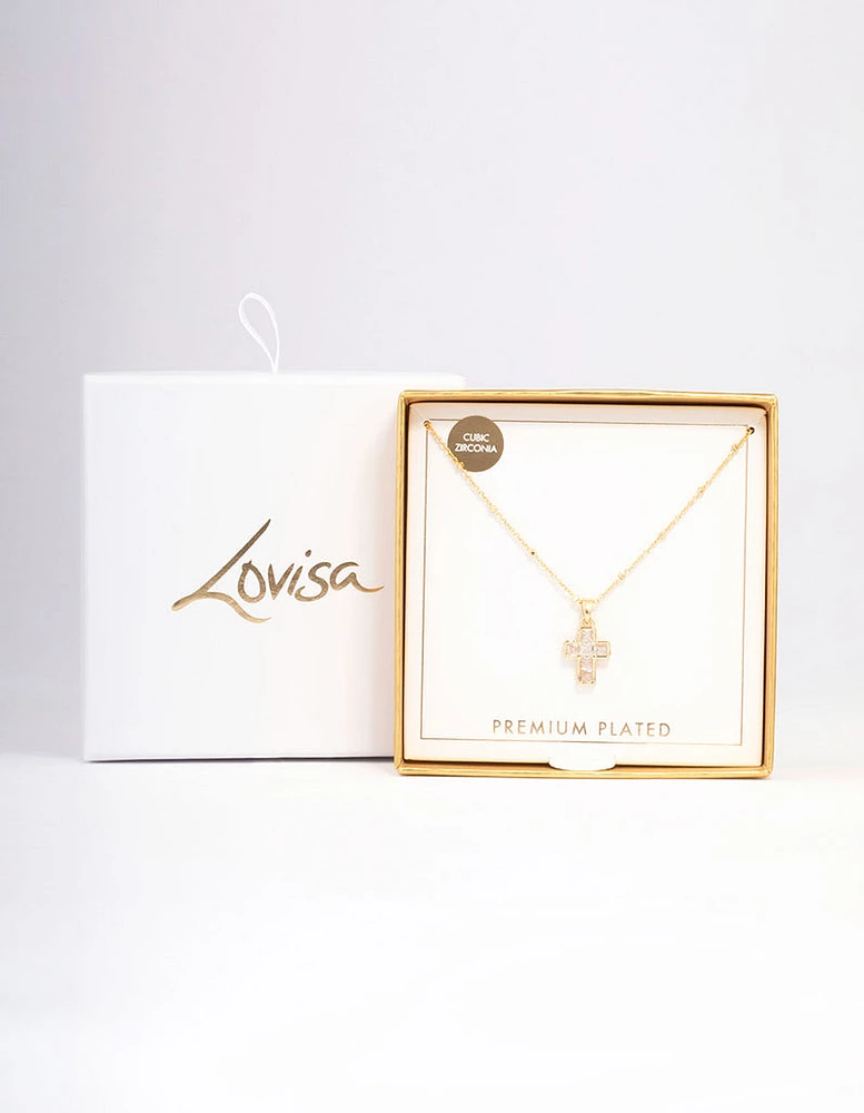 Gold Plated Cubic Zirconia Cross Ball Necklace