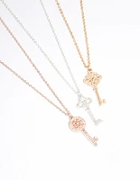 Mixed Metal Diamante Key Necklace 3-Pack