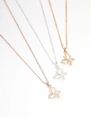 Mixed Metal Diamante Butterfly Necklace 3-Pack