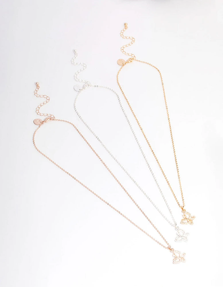 Mixed Metal Diamante Butterfly Necklace 3-Pack