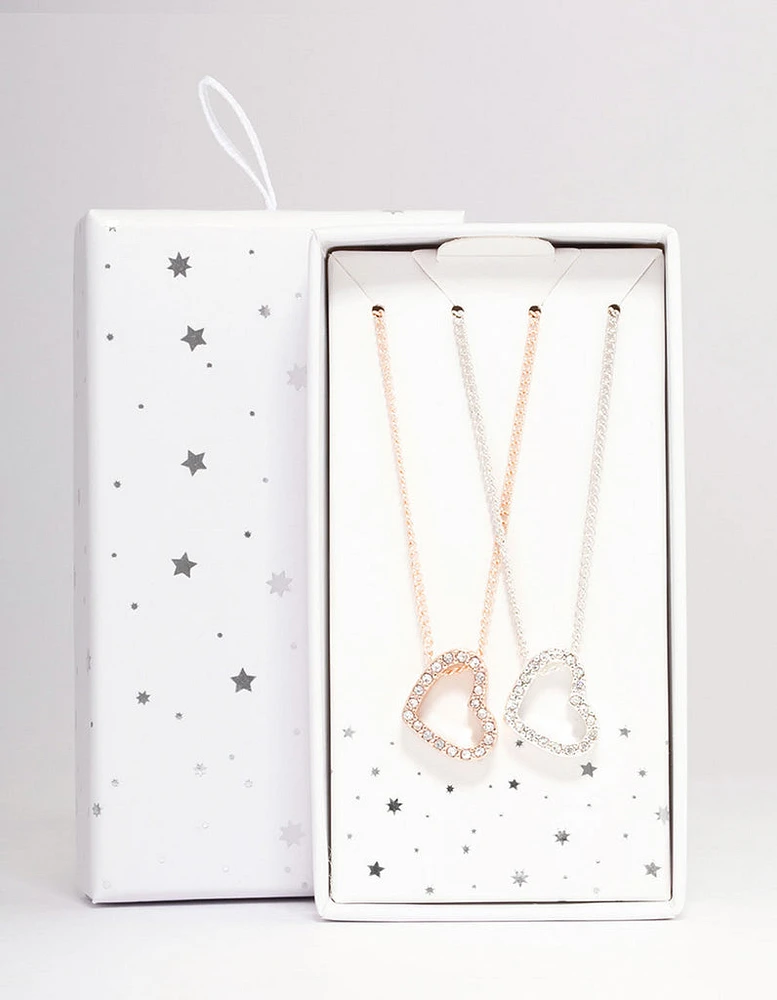 Mixed Metal Diamante Side Heart Necklace Pack