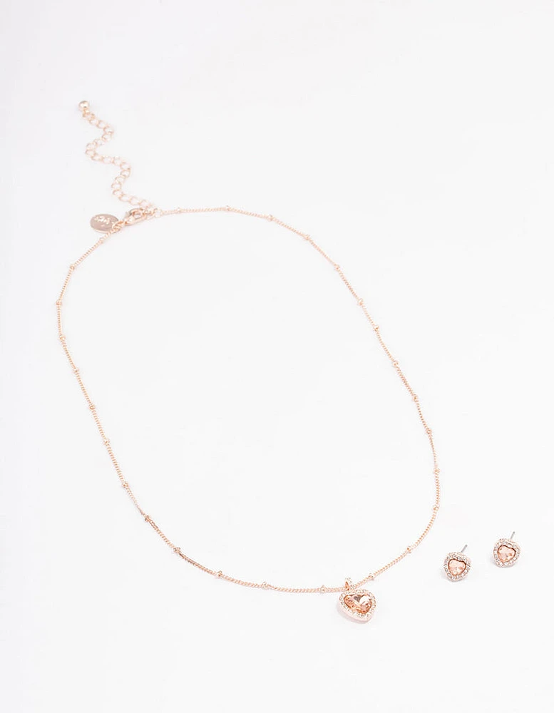 Rose Gold Heart Halo Ball Necklace & Stud Earring Pack