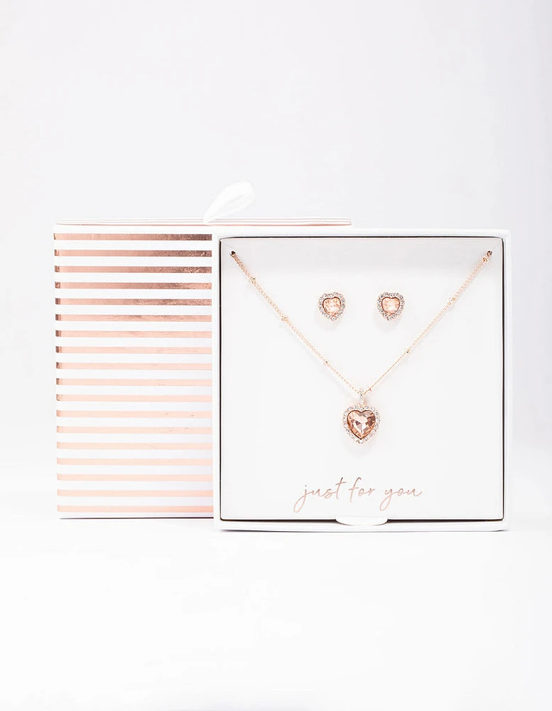 Rose Gold Heart Halo Ball Necklace & Stud Earring Pack