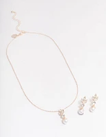 Rose Gold Leafy Diamante & Pearl Jewellery Set