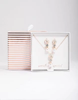 Rose Gold Leafy Diamante & Pearl Jewellery Set