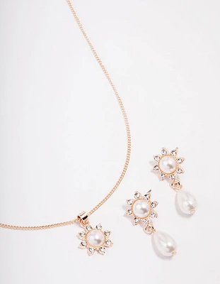 Rose Gold Pearl Flower Drop Jewellery Set