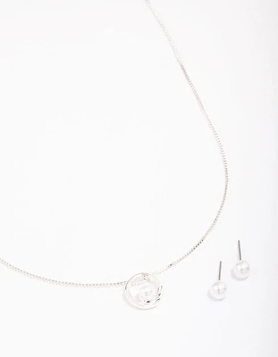 Silver Pearl Open Circle Jewellery Set