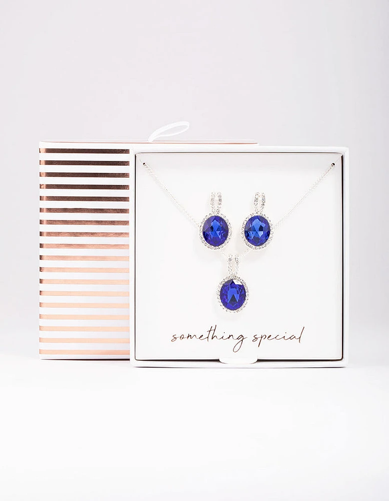 Silver Sapphire Oval Halo Jewellery Set