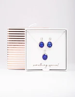 Silver Sapphire Oval Halo Jewellery Set