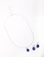 Silver Sapphire Oval Halo Jewellery Set