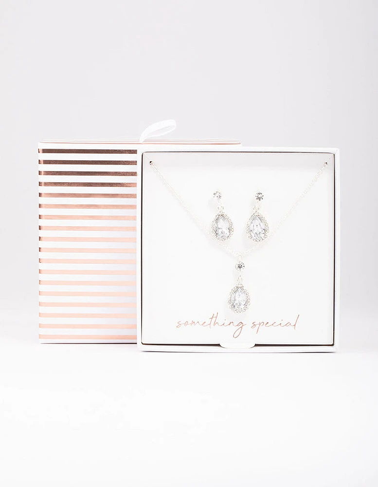 Silver Round & Pear Halo Jewellery Set