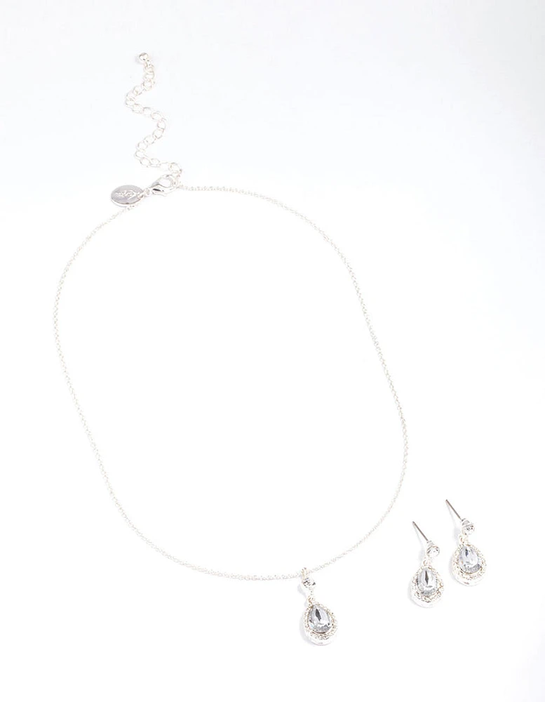 Silver Round & Pear Halo Jewellery Set