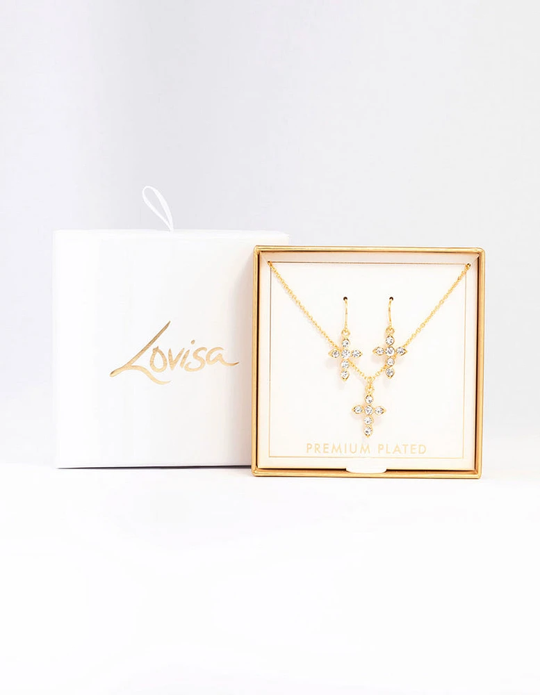 Gold Plated Diamante Cross Jewellery Set