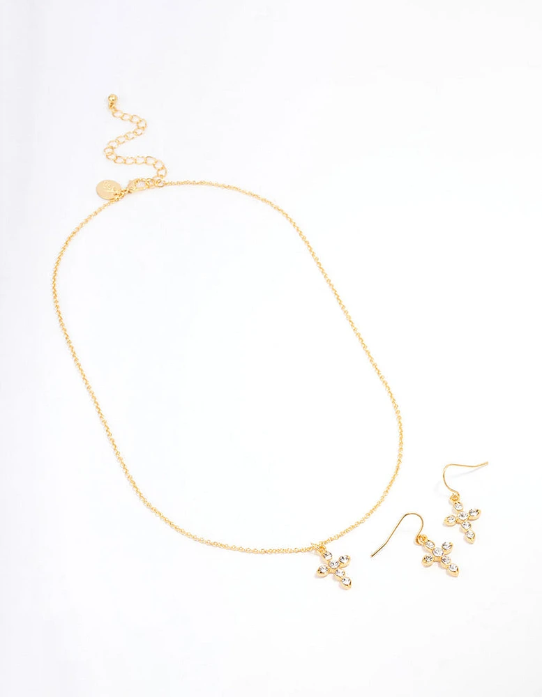 Gold Plated Diamante Cross Jewellery Set