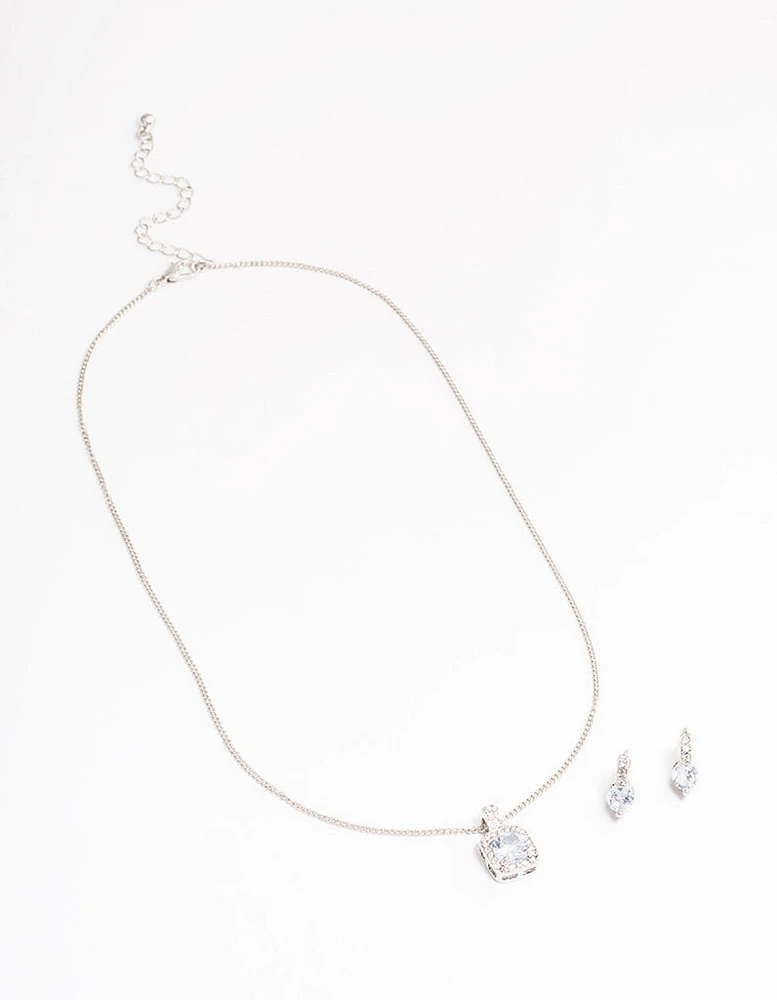 Rhodium Square Halo Jewellery Set