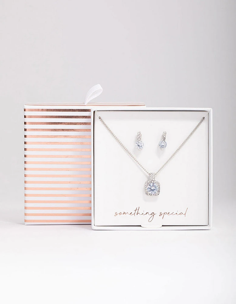 Rhodium Square Halo Jewellery Set