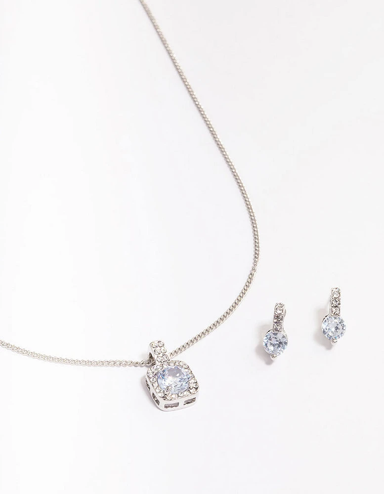 Rhodium Square Halo Jewellery Set