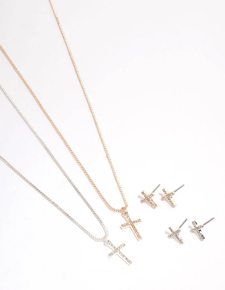 Mixed Metal Diamante Cross Jewellery Set Pack