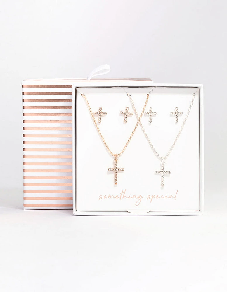 Mixed Metal Diamante Cross Jewellery Set Pack