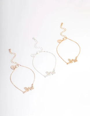 Mixed Metal Pave Butterfly Bracelet 3-Pack