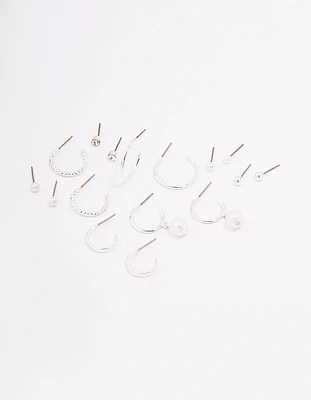 Silver Diamante Pearl Stud & Hoop Earring 8-Pack