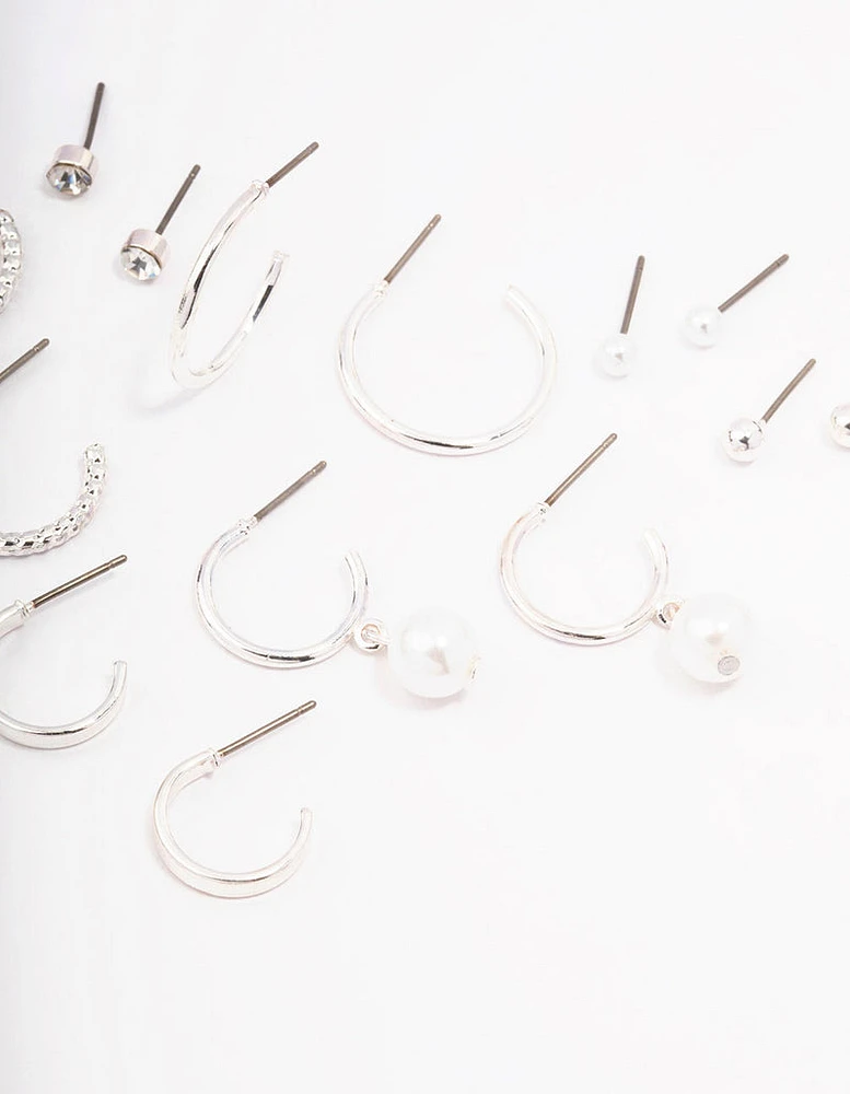 Silver Diamante Pearl Stud & Hoop Earring 8-Pack