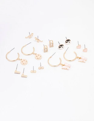 Gold Smiley Lock Diamante Earring 8-Pack