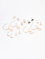 Gold Smiley Lock Diamante Earring 8-Pack