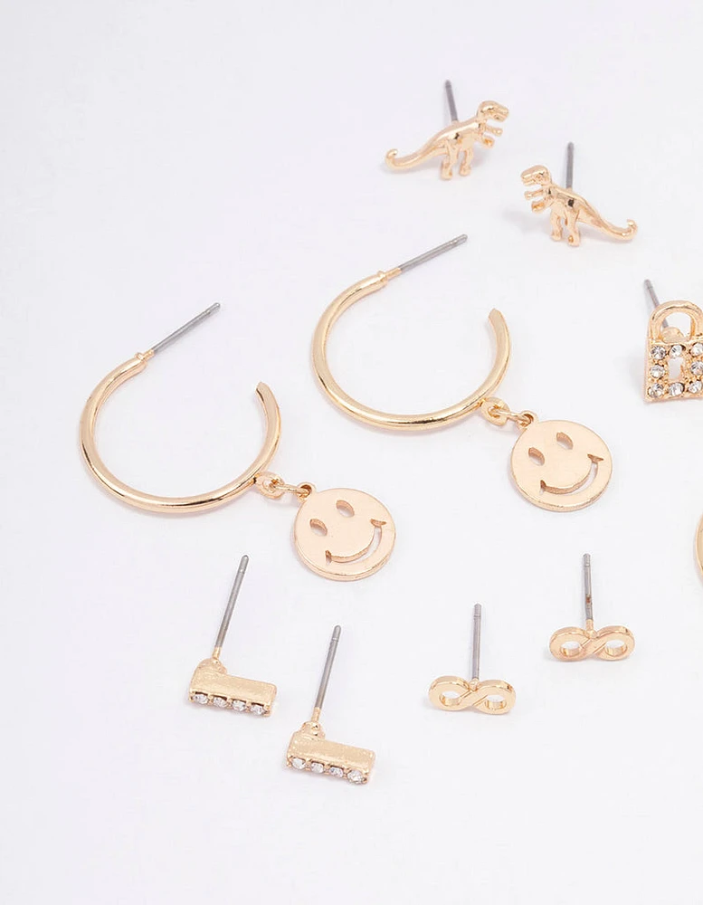 Gold Smiley Lock Diamante Earring 8-Pack