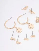 Gold Smiley Lock Diamante Earring 8-Pack