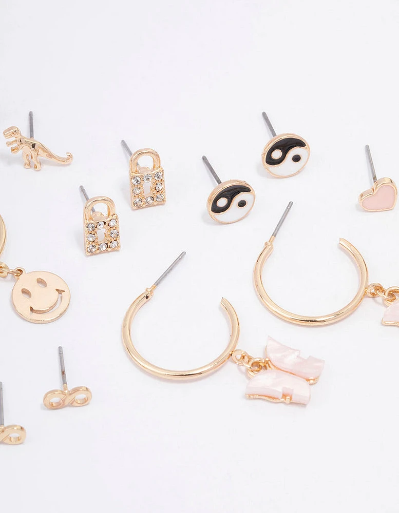 Gold Smiley Lock Diamante Earring 8-Pack