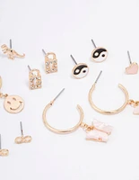 Gold Smiley Lock Diamante Earring 8-Pack